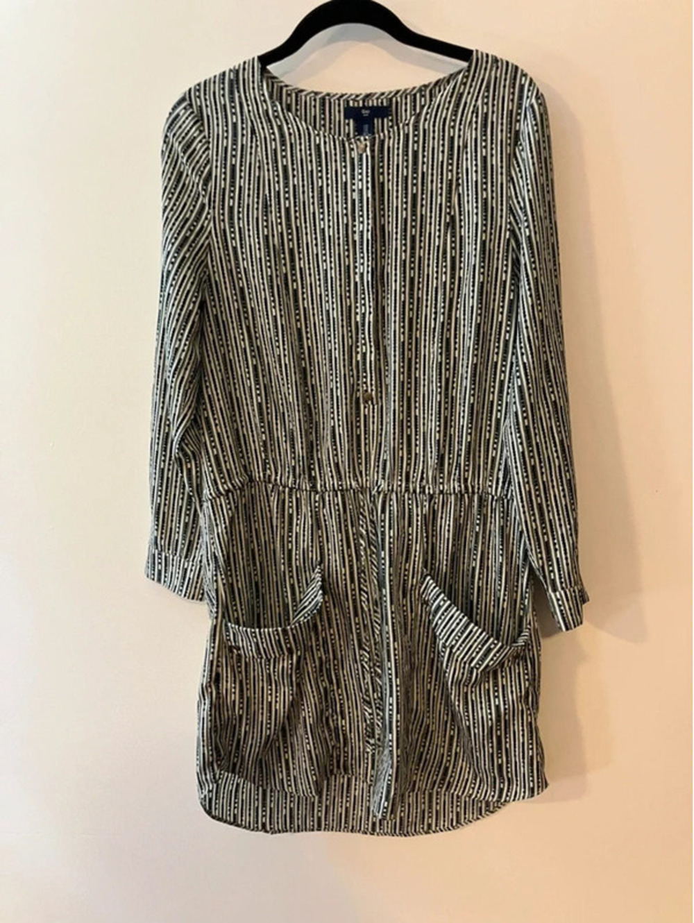 Gap Womens S Shirt Dress Sage Green Cream Dot Stripe Cotton Snap Front Pockets